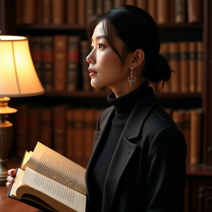 Dark Academia Library Poet Portrait example: Photorealistic profile portrait photography. Avatar-ready tight crop with the subject in a three-quarter profile near a