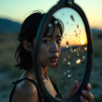 Sunrise Aftermath Final Girl Portrait example: Cinematic horror portrait photo, unexpected creative variation using a cracked handheld mirror in the foreground, showin