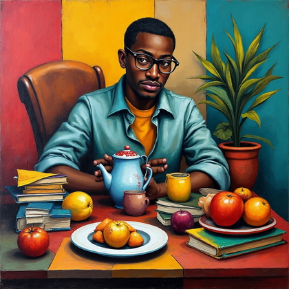 AI-generated photo: **Cubist painting**. An imaginative still life composition featuring a table set with a variety of e...