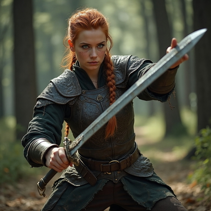 AI-generated photo: Cosplay dynamic action photo featuring a character in an elaborately detailed medieval warrior costu...