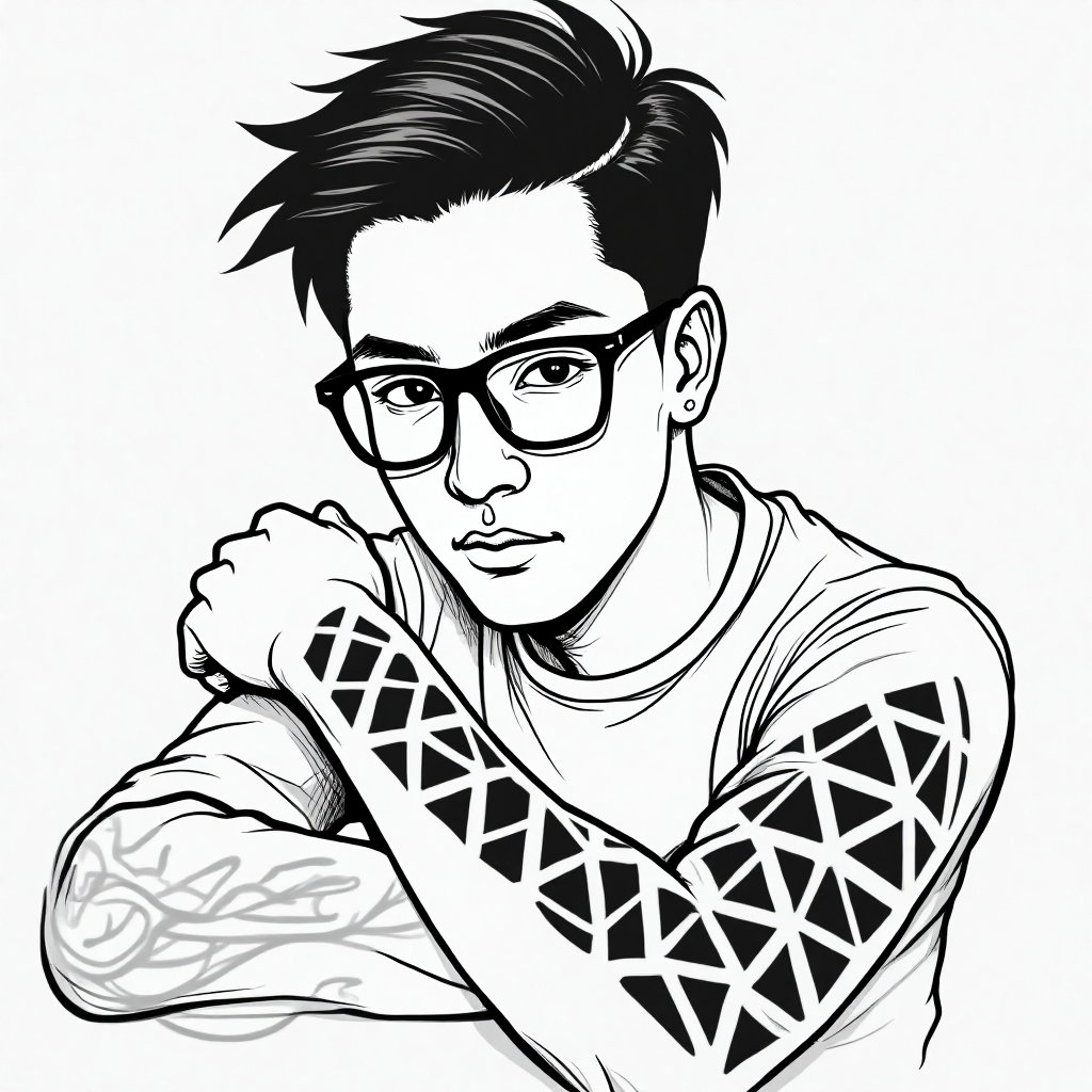 AI-generated photo: **Minimalist line art illustration** depicting a man with a minimalist tribal tattoo on his forearm,...