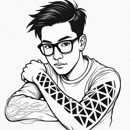 AI-generated photo: **Minimalist line art illustration** depicting a man with a minimalist tribal tattoo on his forearm,...