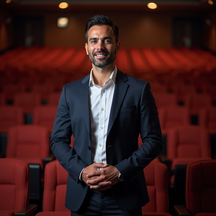 LinkedIn photo. Corporate auditorium headshot captured from the aisle with rows of upholstered seats rendered in a tasteful blur to create strong leading lines toward the subject. Stage wash provides a soft, directional key while discreet aisle lighting adds subtle highlights to the shoulders for dimensionality. Stand centered in the aisle, torso angled slightly toward camera with a closed blazer and crisp shirt, hands relaxed at midline and posture tall for authority. Craft a mid-chest crop that keeps the face large and readable, preserving negative space above for team-page versatility. Maintain a confident, attentive expression with steady eye contact, keeping stray reflections in check for a clean, executive finish. Overall look is photorealistic and polished, with balanced contrast and neutral color grading suited for LinkedIn profiles, resumes, and corporate team directories.