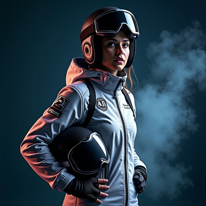 AI-generated photo: Photorealistic studio portrait photograph. A winter sports athlete in full branded racing suit, helm...