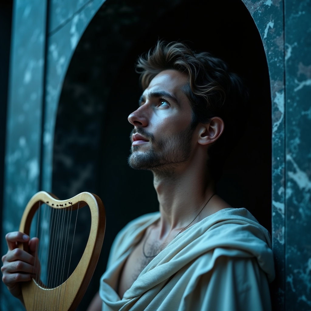Solo Orpheus Moonlit Poet-Hero Portrait example: Cinematic mythological portrait photography. Tight close-up of a solo Orpheus-inspired poet-hero holding a small lyre ne