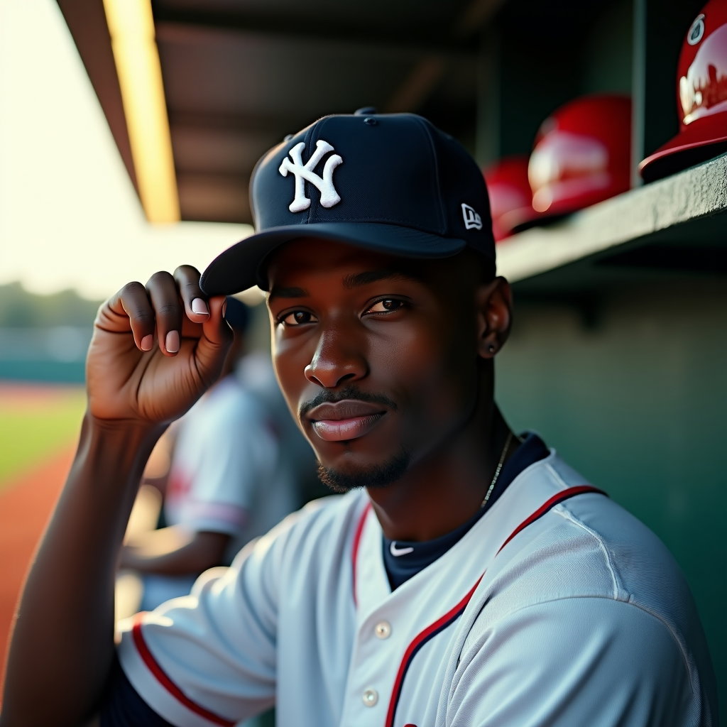AI-generated photo: Photorealistic sports portrait photo at the dugout entrance, a tight head-and-shoulders frame with t...