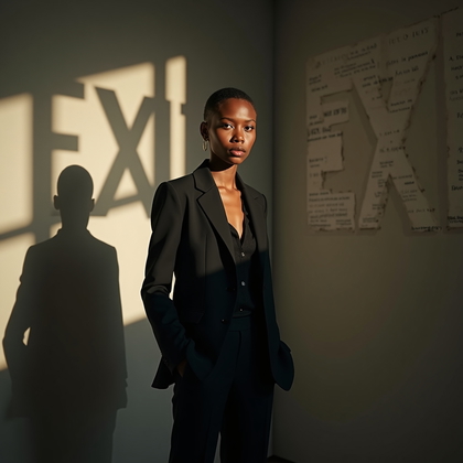 AI-generated photo: Photorealistic location portrait in a vintage print room where a bold stencil-letter gobo (“EXIT” an...