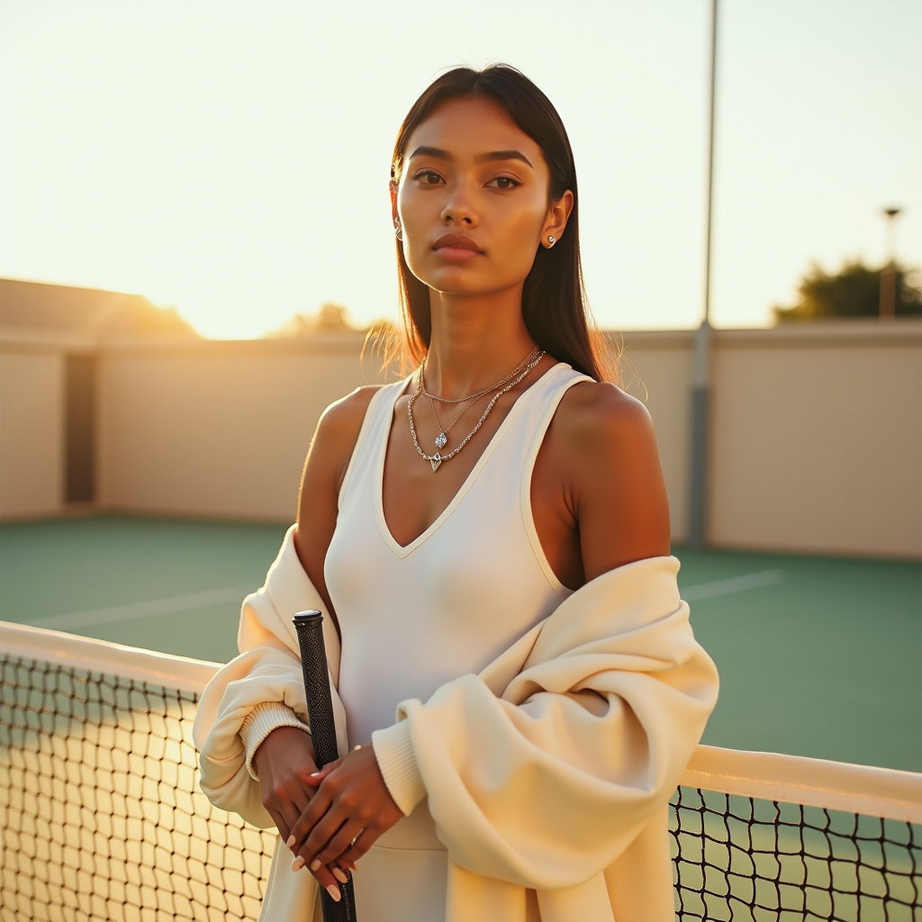 Minimal Clean Girl Tenniscore Portraits example: Photorealistic editorial hero photography of a minimal clean-girl tenniscore scene on a pristine court at golden hour, w
