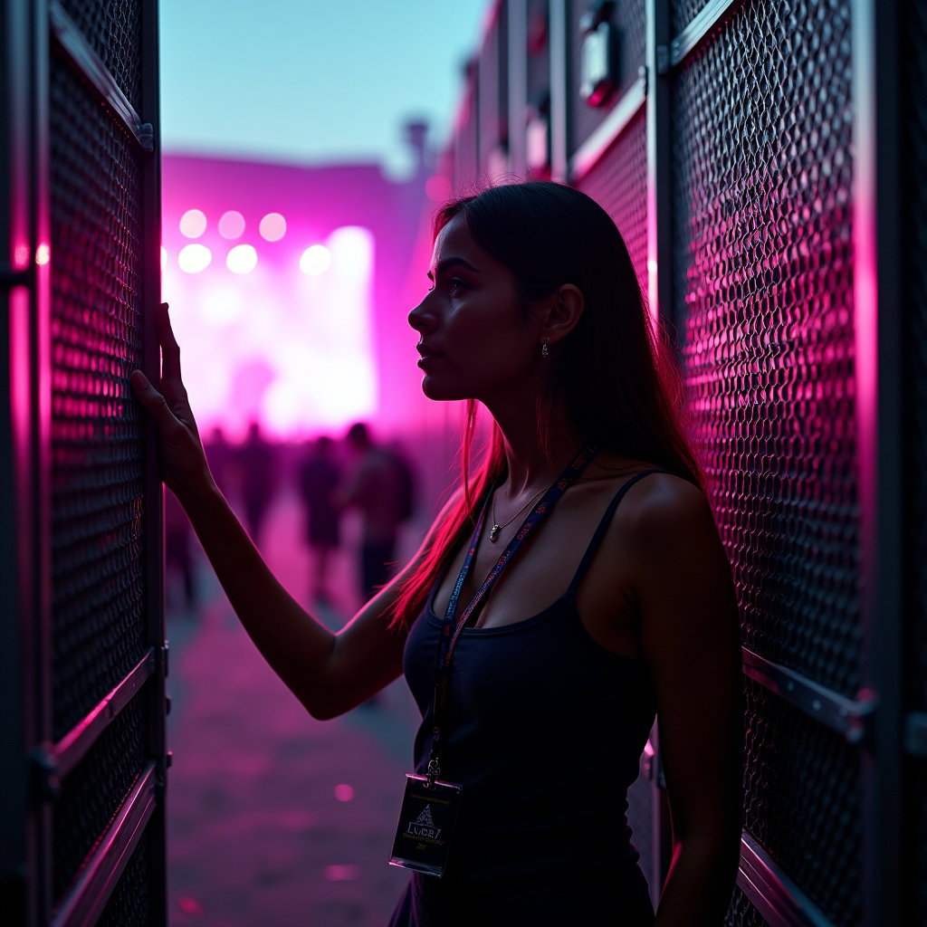 Neon Night Main Stage Silhouette example: Photorealistic festival portrait photography. Environmental portrait inside a side-stage service corridor between stacke
