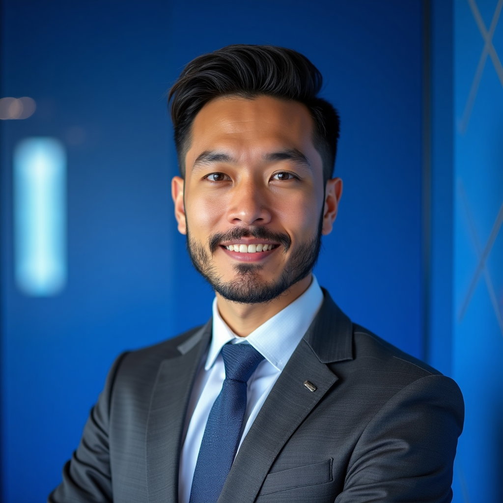 AI-generated photo: Professional headshot: vivid lapis blue backdrop featuring a low-relief matte chevron texture with a...