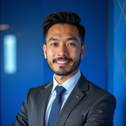 AI-generated photo: Professional headshot: vivid lapis blue backdrop featuring a low-relief matte chevron texture with a...