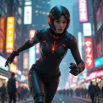 AI-generated photo: Cosplay dynamic action photo of a futuristic bounty hunter navigating a bustling neon-lit cityscape....