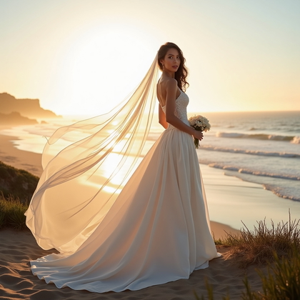 AI-generated photo: Photorealistic bridal editorial beach photography; full-length portrait on windswept coastal cliffs ...