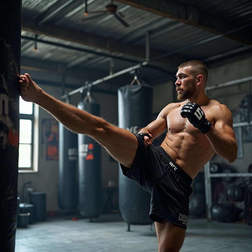 AI-generated photo: Photorealistic photography of a UFC fighter practicing kicks on a heavy bag in an industrial-style g...