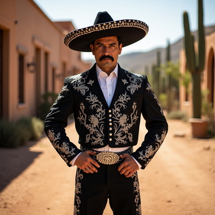 AI-generated photo: Cultural Attire Portrait featuring a man in a traditional Mexican charro suit, consisting of a fitte...