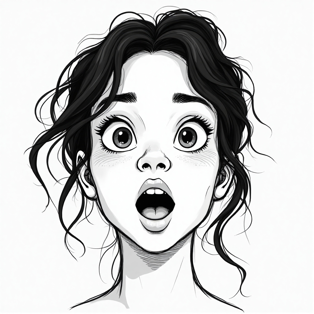 **Line Art illustration**: Create a striking avatar focusing on an expression of surprise and wonder. Use thin, delicate lines to outline wide, open eyes and slightly parted lips. The character is viewed from a frontal angle, conveying an immediate and direct connection with the observer. The hair should be sketched in loose, sweeping curves that suggest motion, while subtle shadowing adds depth to the cheeks and jawline. Opt for a monochromatic palette, relying on line density to convey contrast and depth. This illustration should evoke a sense of spontaneity and curiosity, capturing the moment of an unexpected revelation.