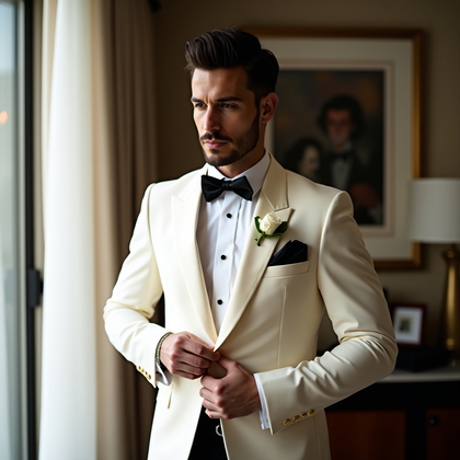 AI-generated photo: Photorealistic wedding photography portrait by a tall window in a refined bridal suite, the groom in...