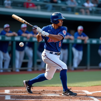 AI-generated photo: Photorealistic sports action photograph on a crisp October night with postseason bunting draped alon...