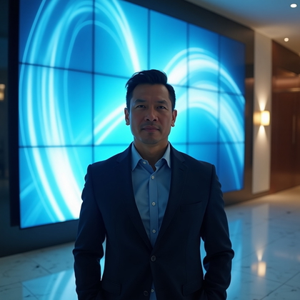 AI-generated photo: Professional headshot: In a premium corporate lobby before a large-scale LED media wall displaying a...