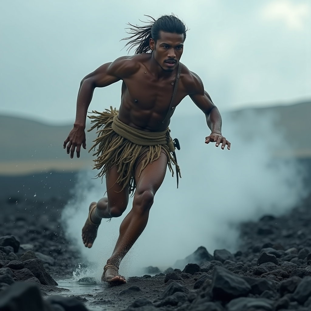 AI-generated photo: Photorealistic outdoor action photo: On a volcanic plain scattered with glossy obsidian plates and l...
