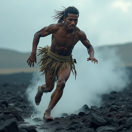 AI-generated photo: Photorealistic outdoor action photo: On a volcanic plain scattered with glossy obsidian plates and l...