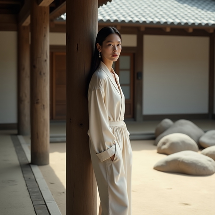 AI-generated photo: Fashion portrait photography, a minimalist zen-inspired portrait captured on an engawa veranda overl...