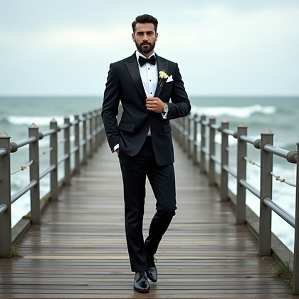 AI-generated photo: Photorealistic wedding editorial photography of a full-length hero portrait on a windswept ocean pie...