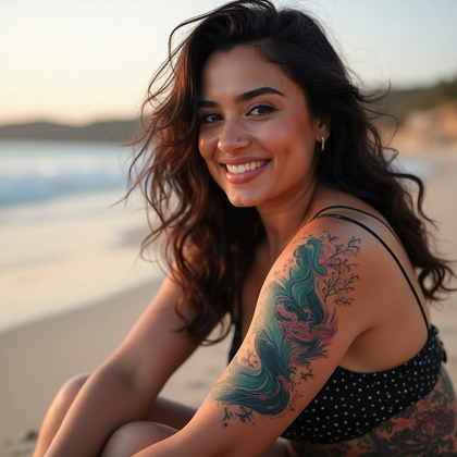 AI-generated photo: Photorealistic photography of a woman seated on a beach, displaying a bold, intricate tattoo design ...