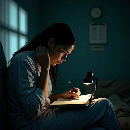 AI-generated photo: Photorealistic prison close-up portrait set inside a dim cell at night, where the only light source ...