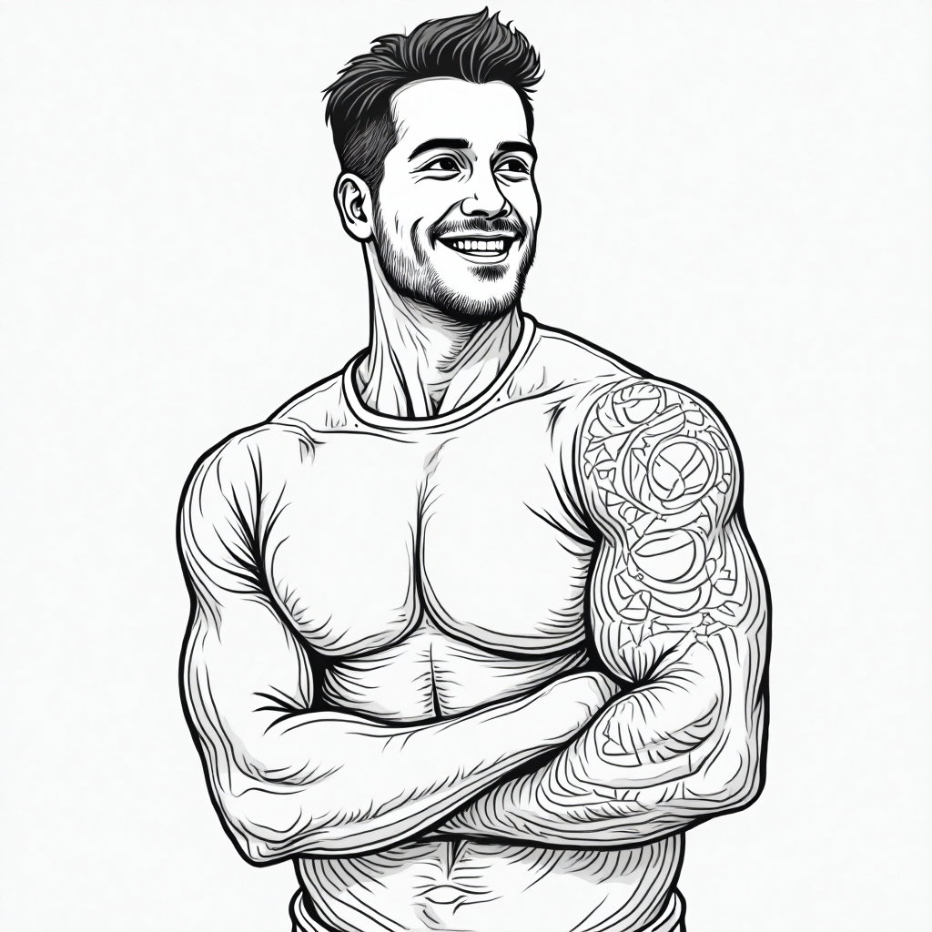 AI-generated photo: **Minimalist line art illustration** capturing a man with a minimalistic abstract tattoo on his bice...