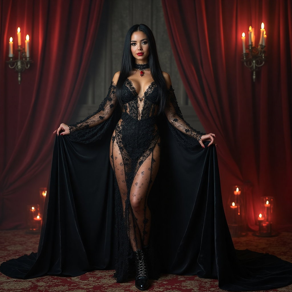 AI-generated photo: Cosplay photo of a seductive villainess dressed in an intricate black lace dress with sheer elements...