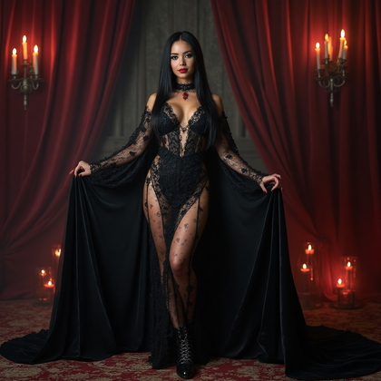 AI-generated photo: Cosplay photo of a seductive villainess dressed in an intricate black lace dress with sheer elements...