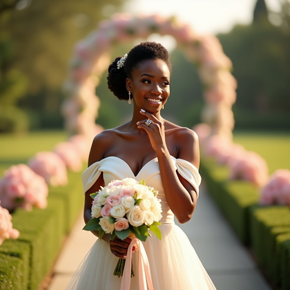 AI-generated photo: Photorealistic wedding photography in a sunlit garden aisle where the bouquet rests at waist level, ...