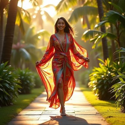 Tropical Garden Walkout Shot example: Photorealistic lifestyle action photo, motion-focused walkout shot with the subject striding down a tropical garden path