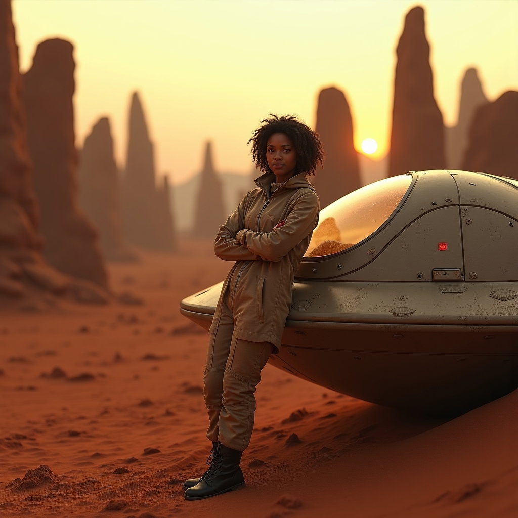 AI-generated photo: Photorealistic cinematic space photography. The explorer leans against a sleek, slightly scuffed lan...