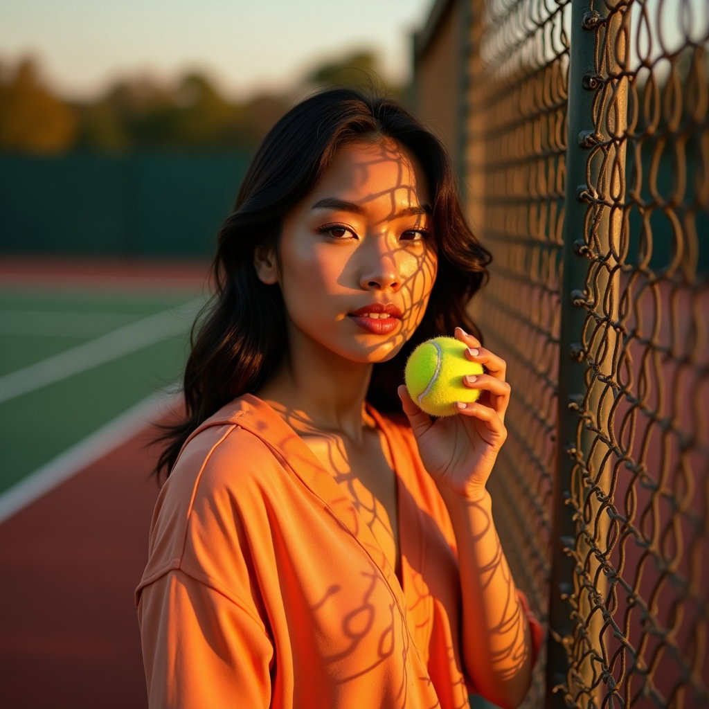 Golden Hour Court Fence Portraits example: Photorealistic portrait photography. Creative golden hour portrait using bold chain-link fence shadows cast across the c