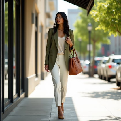 Entretien d’été en lin : portrait réaliste en pied sous un auvent de bureau ombragé, avec une vive lumière d’été se répandant sur le trottoir.