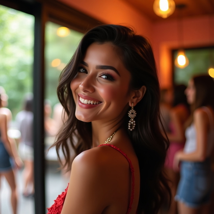 AI-generated photo: Photorealistic beauty portrait photograph captured indoors at a daytime house party, where the subje...