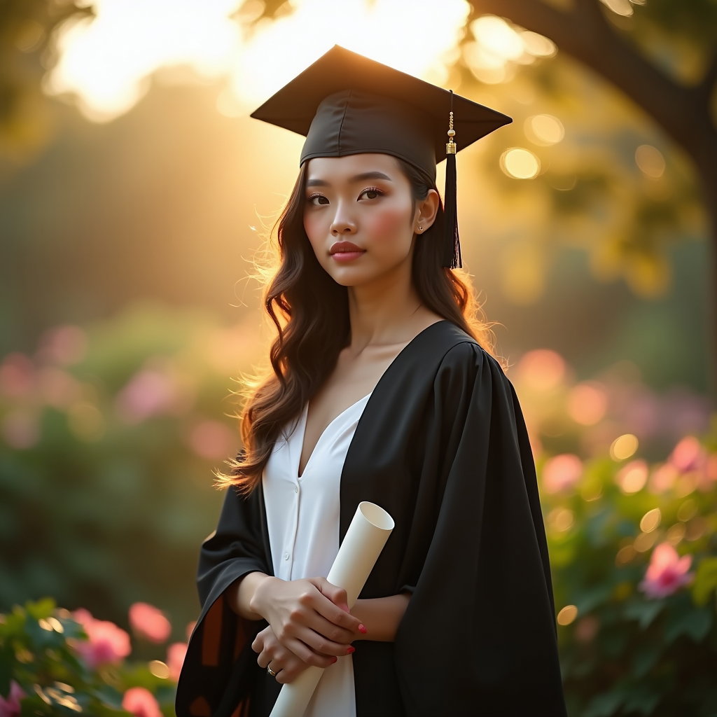 AI-generated photo: Photorealistic fashion portrait, a dreamy graduate image captured in a botanical garden during golde...