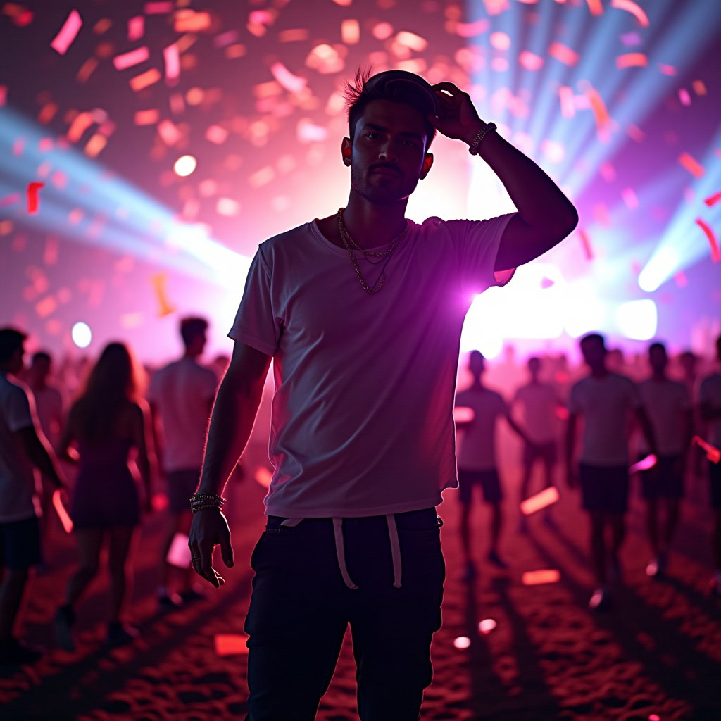 Neon Night Main Stage Silhouette example: Photorealistic festival portrait photography. Motion/action portrait with the subject striding confidently through falli