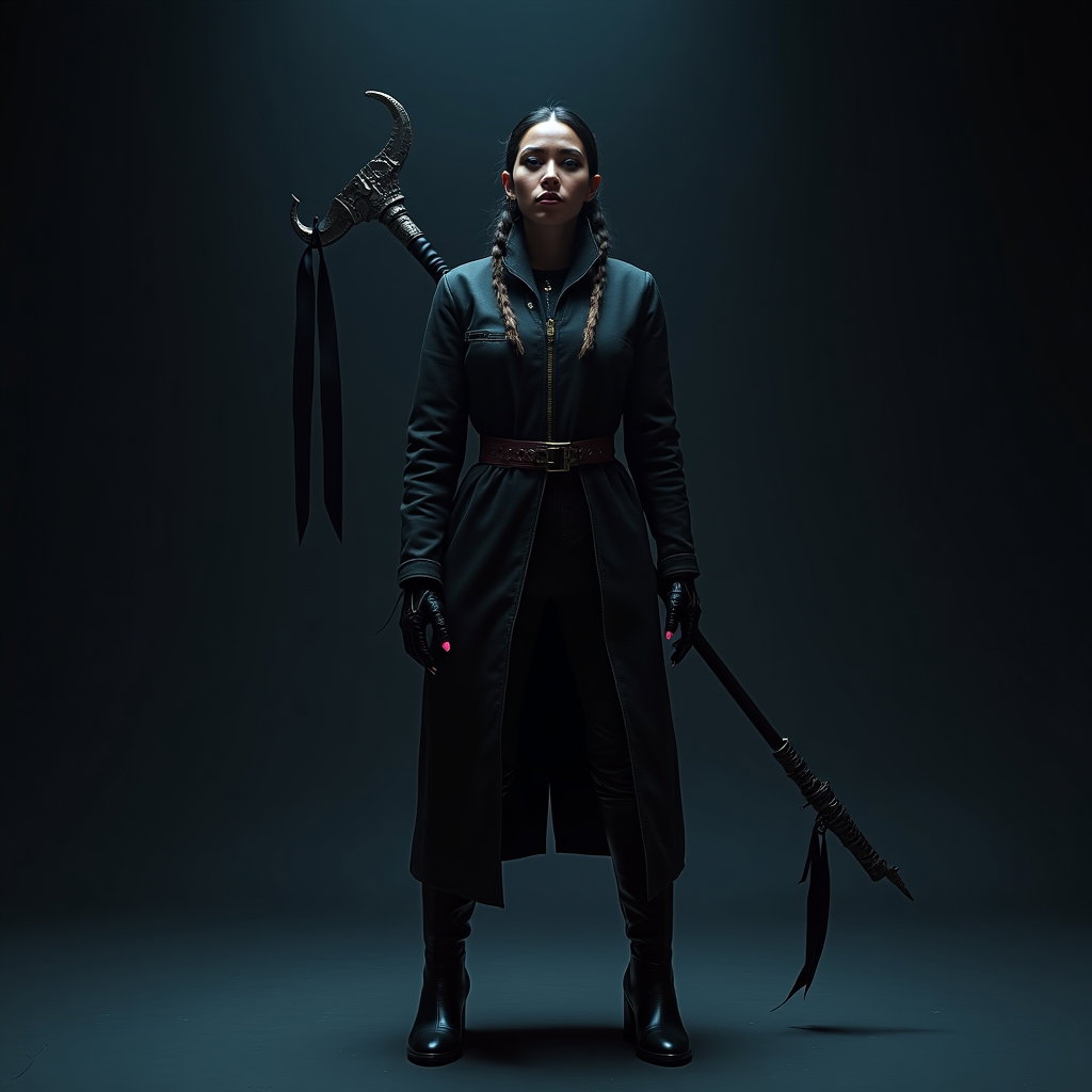 Dark Studio Silhouette Hunter Portrait example: Photorealistic dark fantasy portrait photography. Full-body portrait on a matte black seamless studio set, posed in a sl