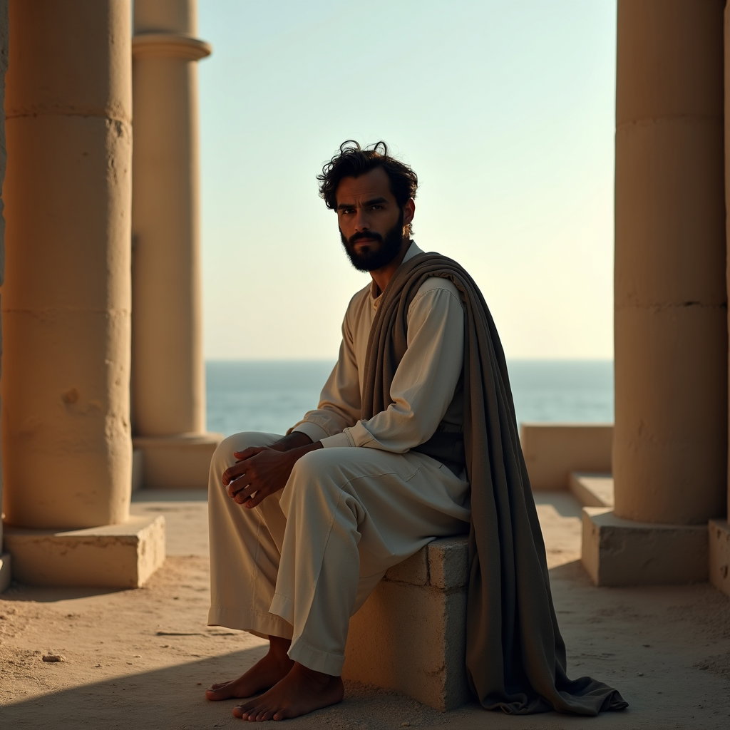 Solo Clean Mythic Portrait Without Costume Clutter example: Environmental mythic portrait photography. Solo portrait framed inside a quiet ancient ruin with tall columns and distan