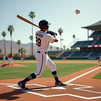 AI-generated photo: Photorealistic sports action photograph at a spring training park under hard midday sun, palm trees ...