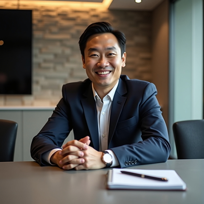 AI-generated photo: Professional headshot: seated on a low-profile side chair along the length of the boardroom, elbows ...