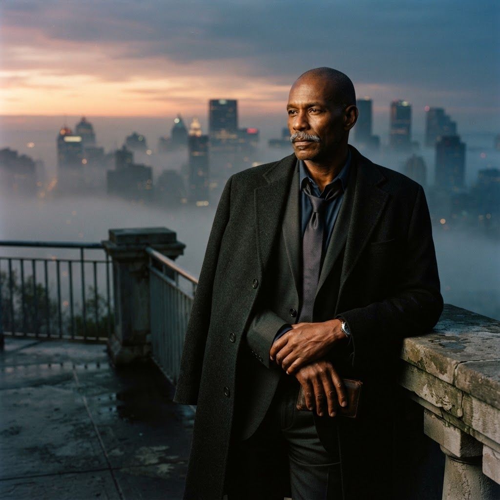 Dawn After The Case: A cinematic dawn portrait on a deserted city overlook, the subject standing with an overcoat slung over one shoulder and a loosened tie…