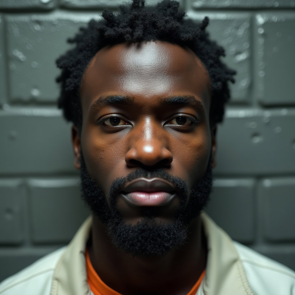 AI-generated photo: Photorealistic prison intake mugshot close-up, the subject’s face filling most of the frame, staring...