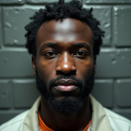 AI-generated photo: Photorealistic prison intake mugshot close-up, the subject’s face filling most of the frame, staring...