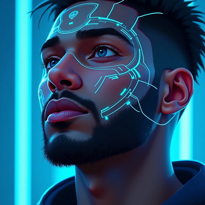 AI-generated photo: Stylized digital painting. A heroic gaming avatar close-up where the face is framed from forehead to...