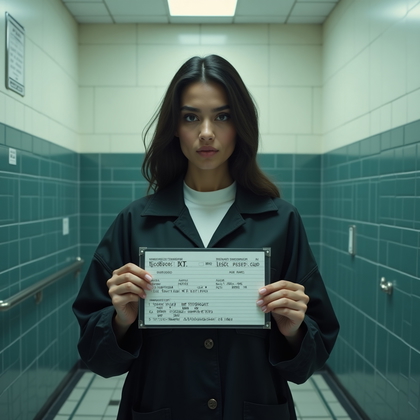 AI-generated photo: Photorealistic cinematic booking-style portrait, straight-on shot in a police processing room with a...