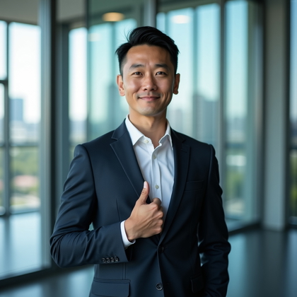 AI-generated photo: Professional headshot: standing in front of floor-to-ceiling windows with a modern skyline and corpo...